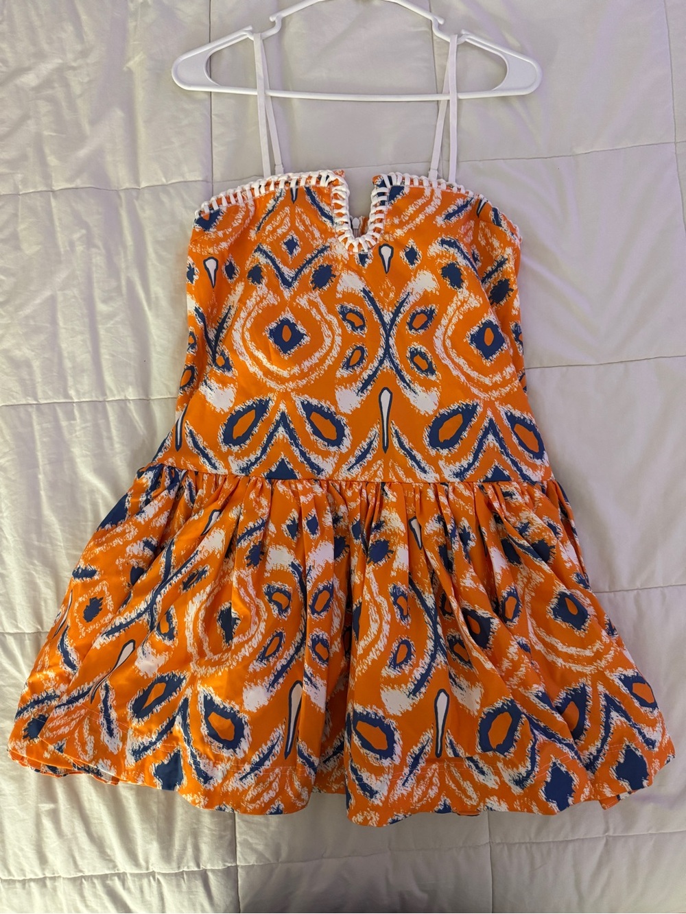 Orange Patterned Mini Dress with Navy Accents